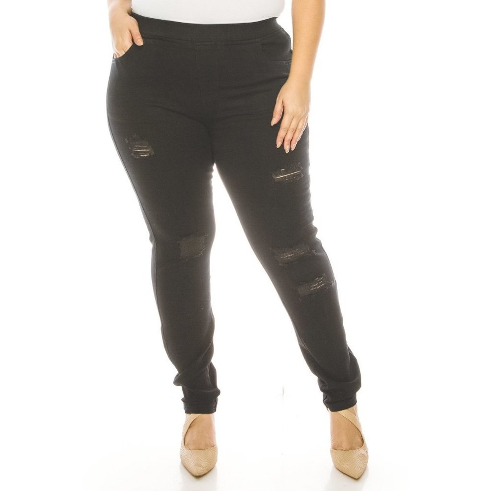INK BLACK DISTRESSED JEGGING - JUNIORS PLUS
